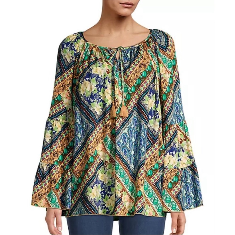 Johnny Was Miza patchwork bell sleeve blouse top oversized